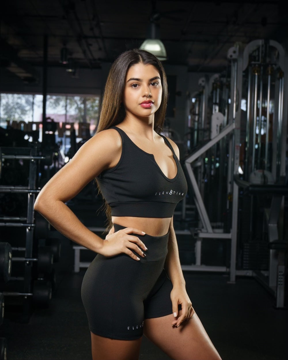 black top and bottom matching workout set for women with the Elev8tion logo